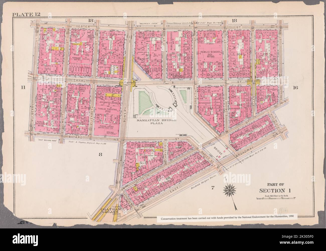 Cartografica, Mappe. 1916. Lionel Pincus e la Principessa Firyal Map Division. Atlas, Manhattan (New York, N.Y.), Real Property , New York (state) , New York Plate 12: Bounded by Hester Street, Orchard Street, Division Street, Pike Street, East Broadway, Chatham Square, Bowery Street, Bayard Street e Mulberry Street parte della Sezione 1 Foto Stock