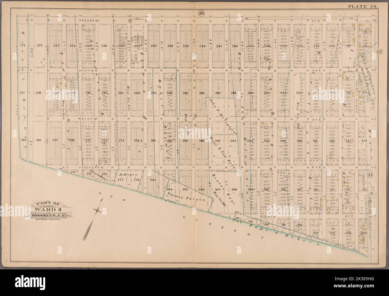 Cartografica, Mappe. 1886. Lionel Pincus e la Principessa Firyal Map Division. Brooklyn (New York, N.Y.), Real Property, New York (state), New York Plate 34: Delimitata da Fourth Avenue, 38th Street, Eighth Avenue, 47th Street, Seventh Avenue (New Utrecht) e 59th Street. Piastra 34: Parte di Ward 8. Brooklyn, N.Y. Foto Stock