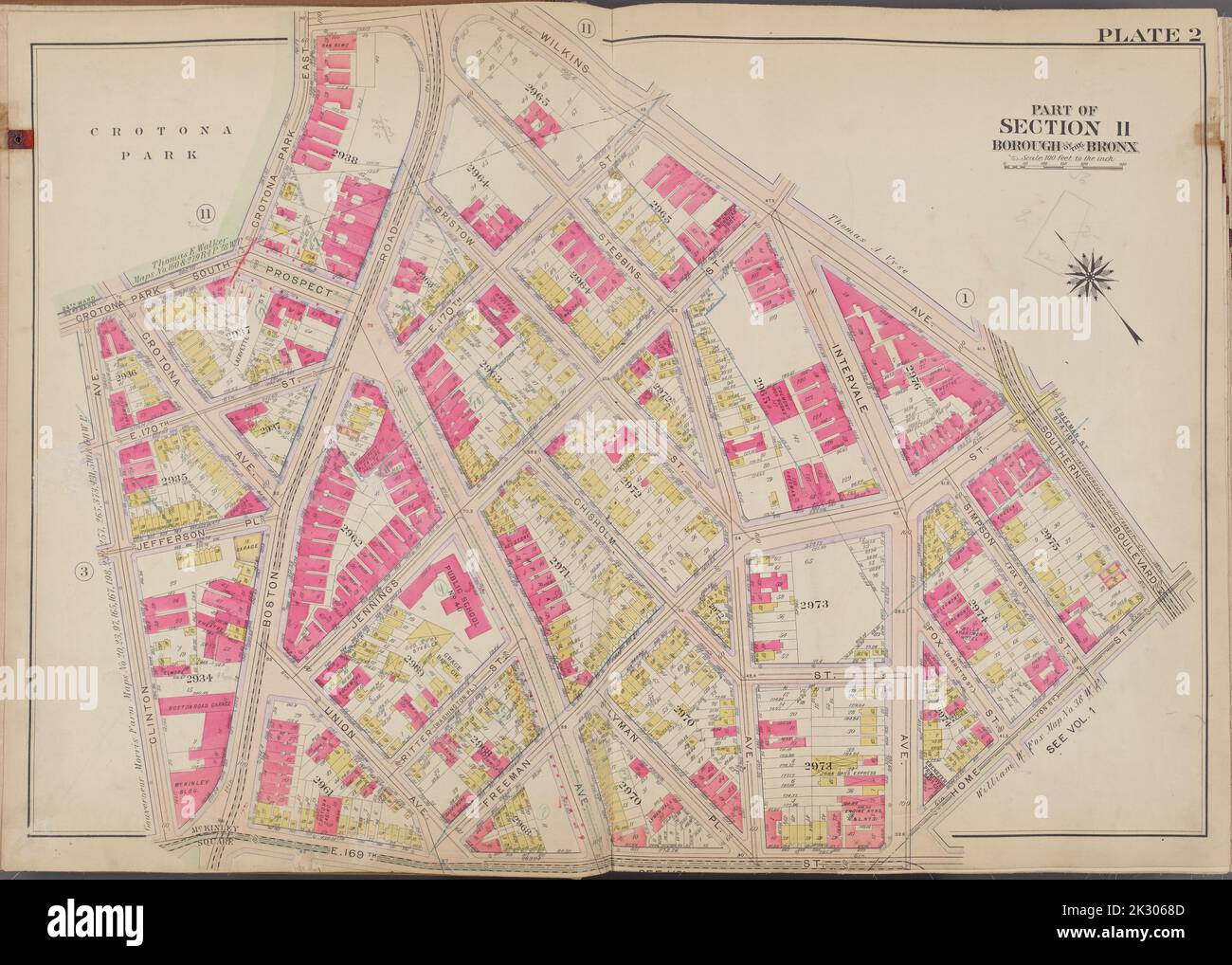 Cartografica, Mappe. 1911. Lionel Pincus e la Principessa Firyal Map Division. Bronx (New York, N.Y.), New York (N.Y.) Plate 2 Mappa delimitata da Wilkins Ave., Southern Blvd., Home St., E. 169th St., Clinton Ave., Crotona Park E. Foto Stock