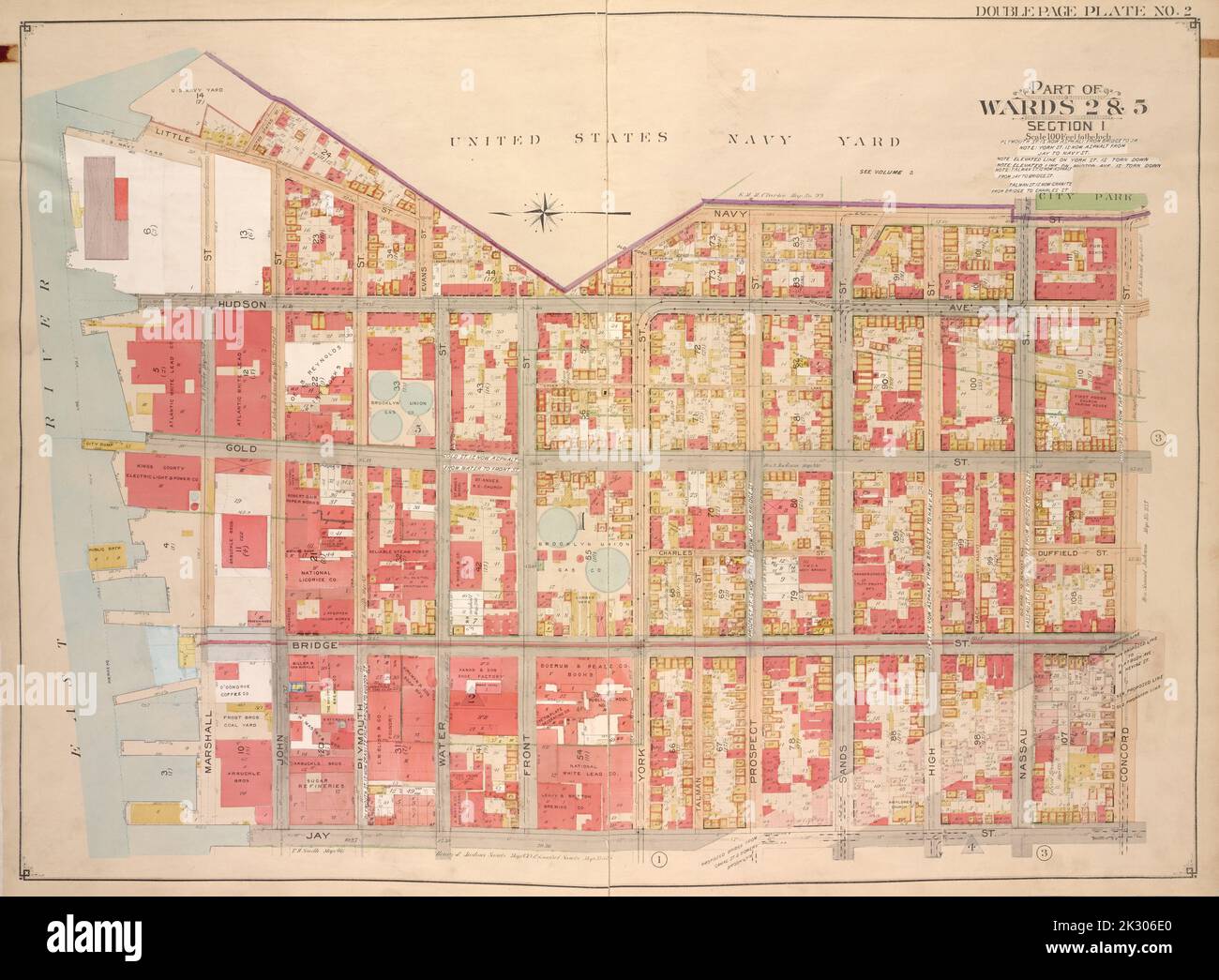 E.B. Hyde & Co.. Cartografica, Mappe. 1903 - 1907. Lionel Pincus e la Principessa Firyal Map Division. Brooklyn (New York, N.Y.) , Mappe, Real Property , New York (Stato) , New York Brooklyn, Vol. 1, Double Page Plate No. 2; parte di Wards 2 & 5, Sezione 1; Mappa delimitata da Little St., Evans St., Hudson Ave., Navy St.; incluso Concord St., Jay St., Marshall St. Foto Stock