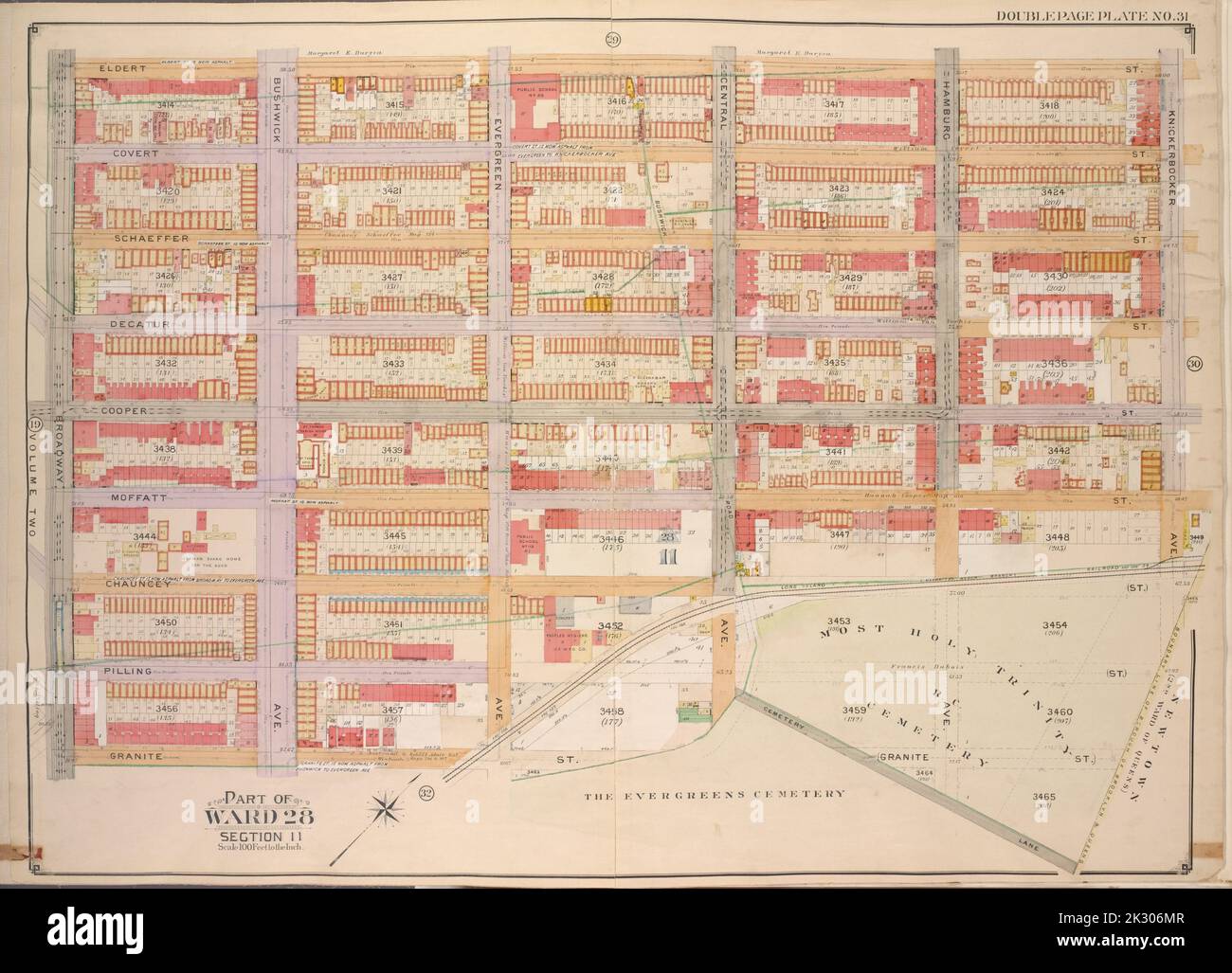 E.B. Hyde & Co.. Cartografica, Mappe. 1904 - 1912. Lionel Pincus e la Principessa Firyal Map Division. Brooklyn (New York, N.Y.) , Mappe, Real Property , New York (Stato) , New York Brooklyn, Vol. 3, Double Page Plate No. 31; parte di Ward 28, Sezione 11; Mappa delimitata da Eldert St., Knickerbocker Ave.; incluso Granite St., Broadway Foto Stock