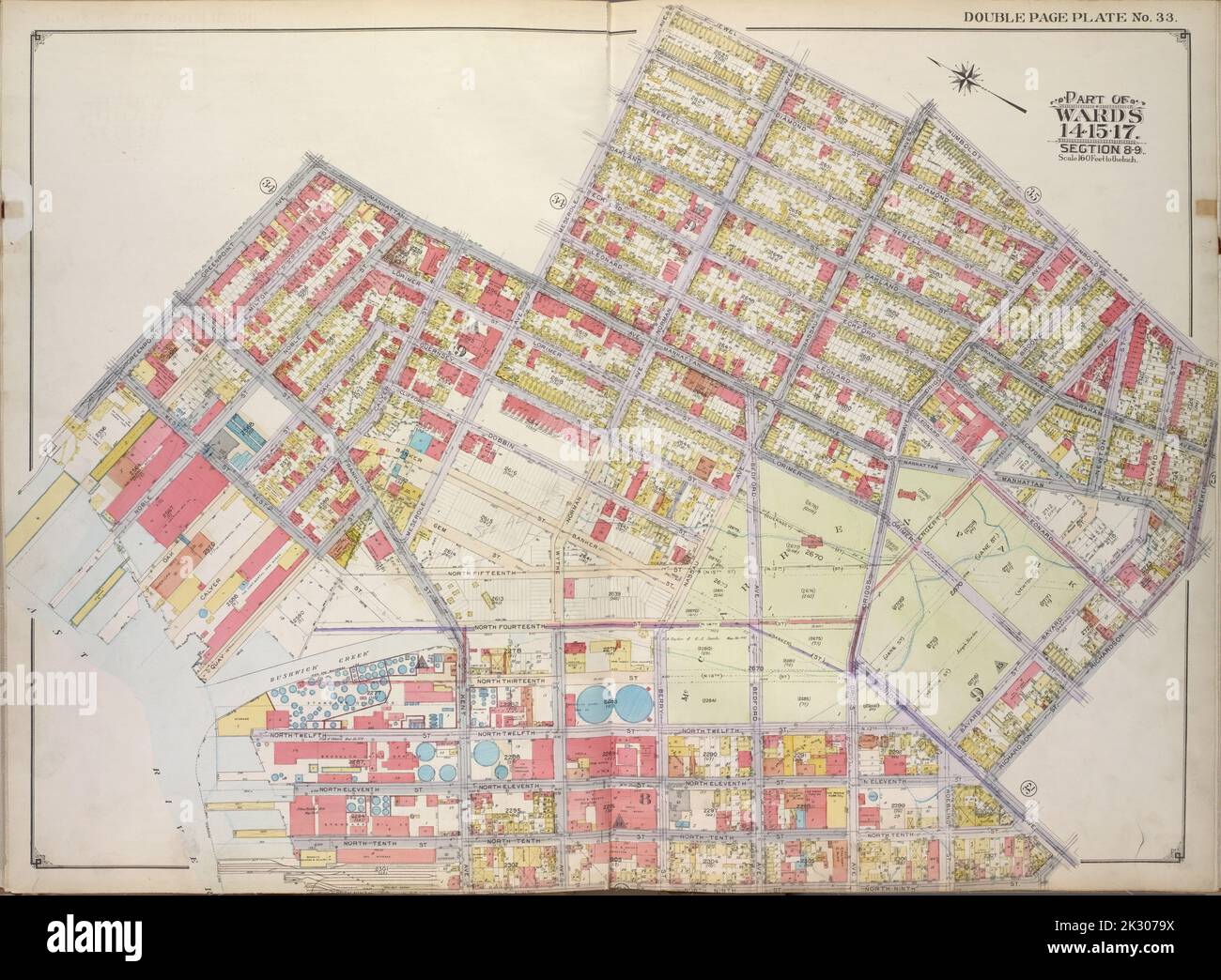 E.B. Hyde & Co.. Cartografica, Mappe. 1916. Lionel Pincus e la Principessa Firyal Map Division. Brooklyn (New York, N.Y.), Real Property , New York (state) , New York Brooklyn, Vol. 1, 2nd Part, Double Page Plate No. 33; Part of Wards 14, 15, 17, Section 8-9; Mappa delimitata da Meserole Ave., Jewel St., Nasau Ave., Humboldt St., Meeker Ave., Richardson St., tra cui Union Ave., N. 9th St., East River, Greenpoint Ave., Manhattan Ave. Foto Stock