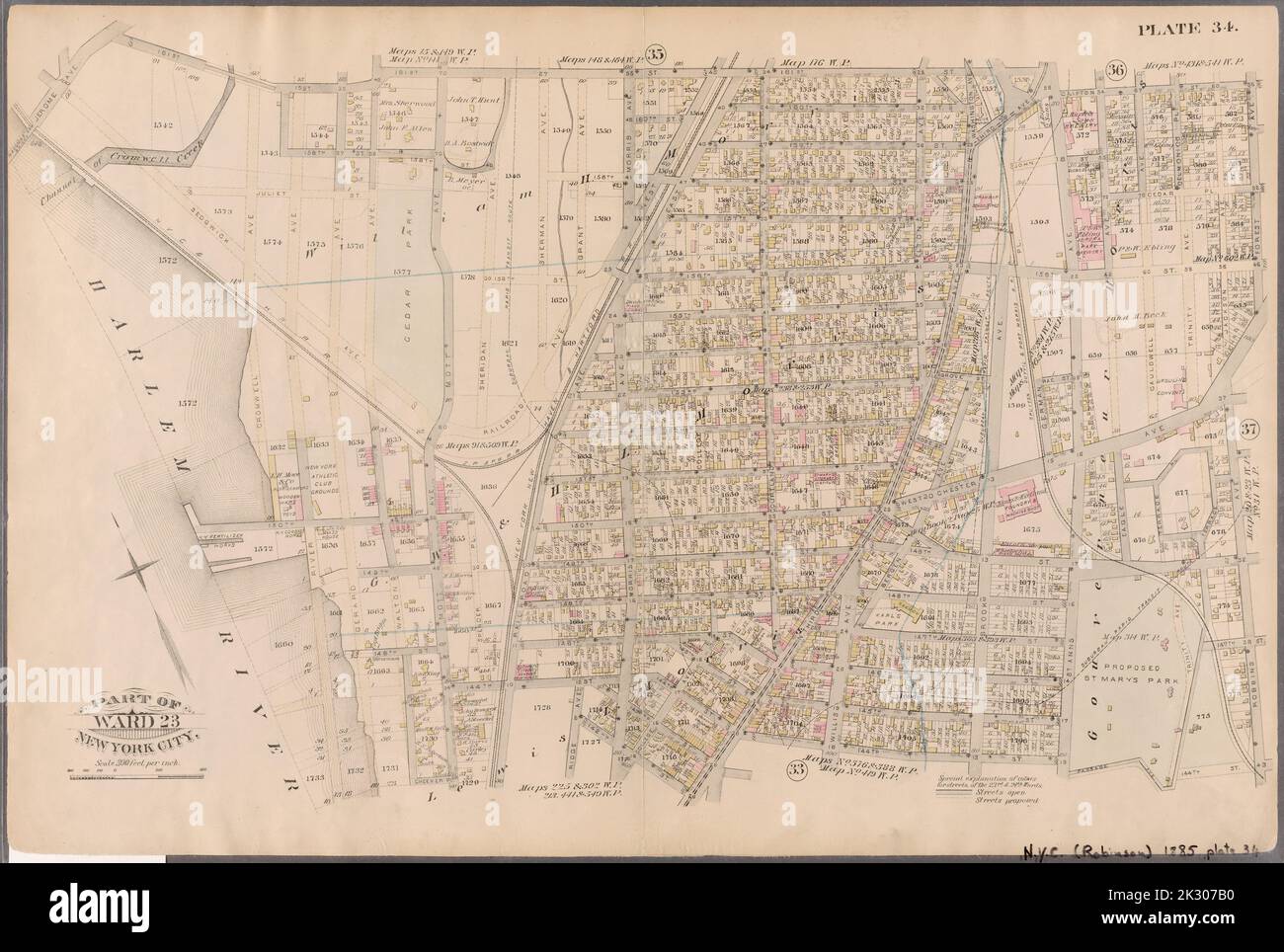 Cartografica, Mappe. 1885. Lionel Pincus e la Principessa Firyal Map Division. Real Property , New York (state) , New York, New York (N.Y.) Piastra 34: Delimitata da 161st Street, St. Ann's Avenue, Clifton Street, Forest Avenue, West Chester Avenue, Robbins Avenue, 144th Street, Mott Avenue, 148th Street, Harlem River e Jerome Avenue. Parte di Ward 23, New York City. Foto Stock