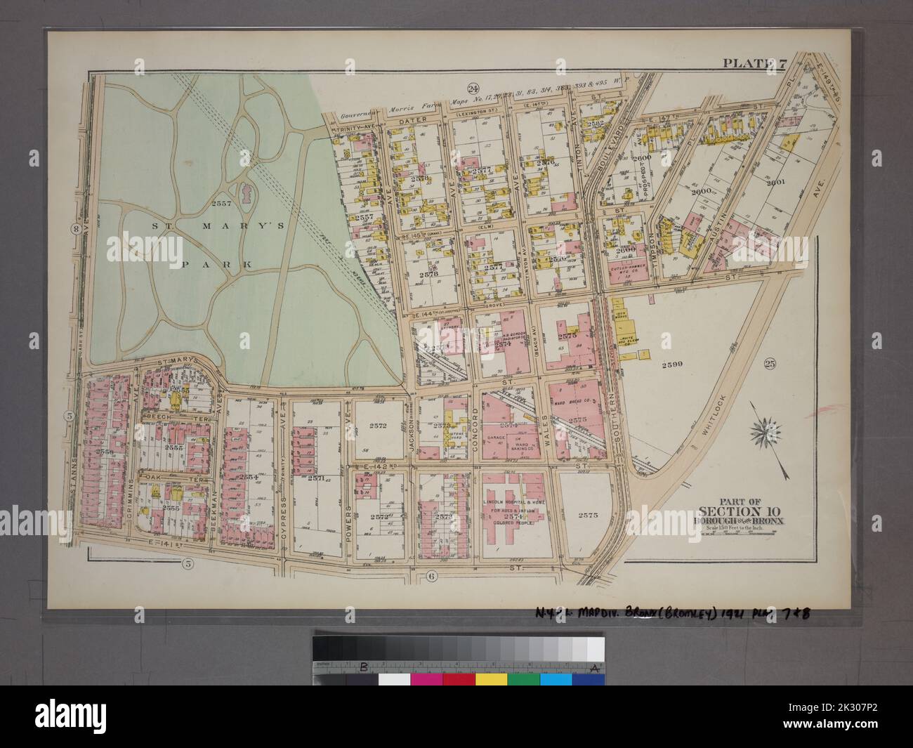 G.W. Bromley & Co.. Cartografica, Mappe. 1921. Lionel Pincus e la Principessa Firyal Map Division. Bronx (New York, N.Y.), Real Property , New York (state) , New York Plate 7, parte della Sezione 10, Borough of the Bronx. Delimitata da E. 147th Street, Southern Boulevard, E. 147th Street, Austin Place, 149th Street, Whitlock Avenue, E. 141st Street e (St.Mary's Park) St. Anns Avenue. Foto Stock