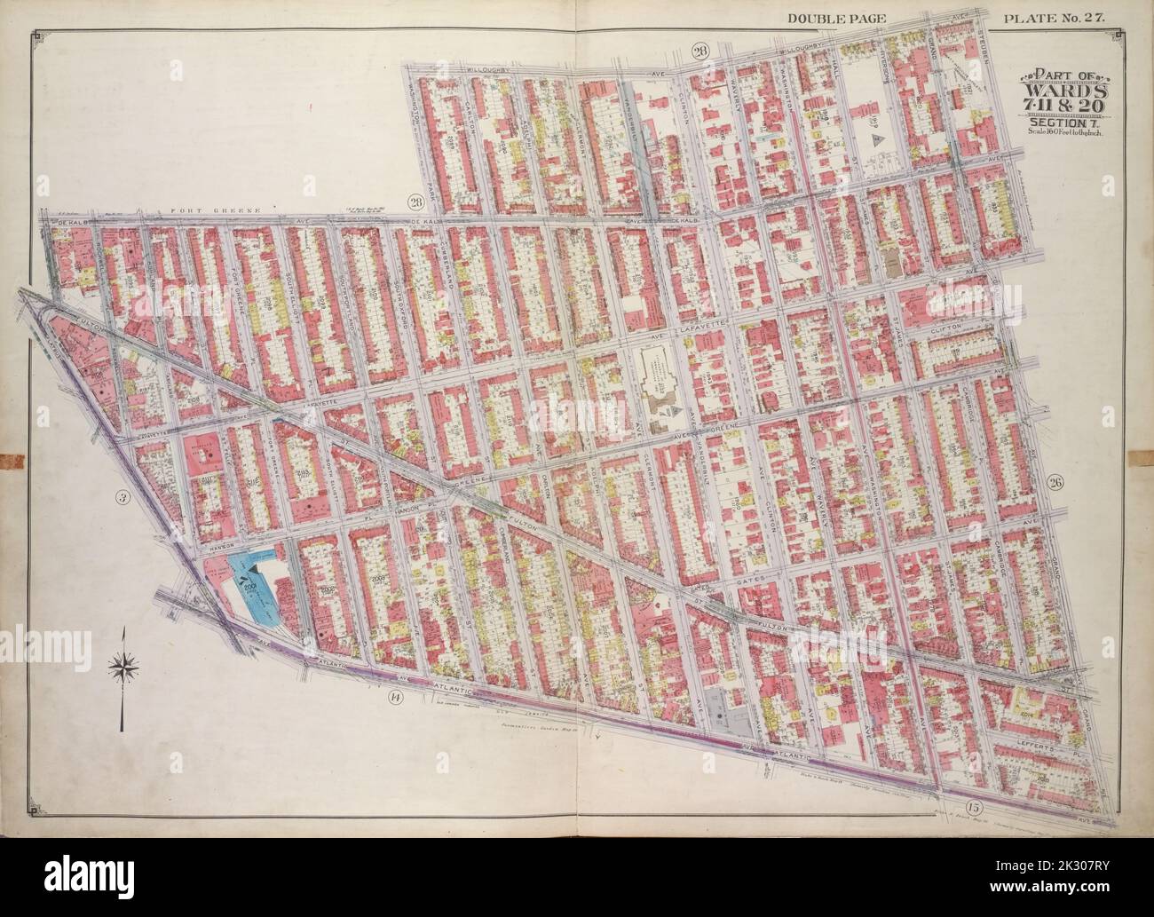 E.B. Hyde & Co.. Cartografica, Mappe. 1916. Lionel Pincus e la Principessa Firyal Map Division. Brooklyn (New York, N.Y.), Real Property, New York (state), New York Brooklyn, Vol. 1, Double Page Plate No. 27; Part of Wards 7-11, 20 Section 7; Map Bounded by Willoughby Ave., Steuben St., Lafayette Ave., Grand Ave., Atlantic Ave.; Tra cui Flatbush Ave., Fulton St., Hudson Ave., De Kalb Ave., Washington Park Foto Stock