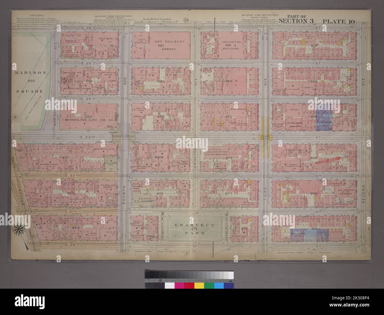 Cartografica, Mappe. 1913. Lionel Pincus e la Principessa Firyal Map Division. Real Property , New York (state) , New York, Real Property , Manhattan (New York, N.Y.), Manhattan (New York, N.Y.) Piastra 10, parte della Sezione 3: Delimitata da E. 26th Street, Second Avenue, E. 20th Street, Broadway e Madison Square Park Foto Stock