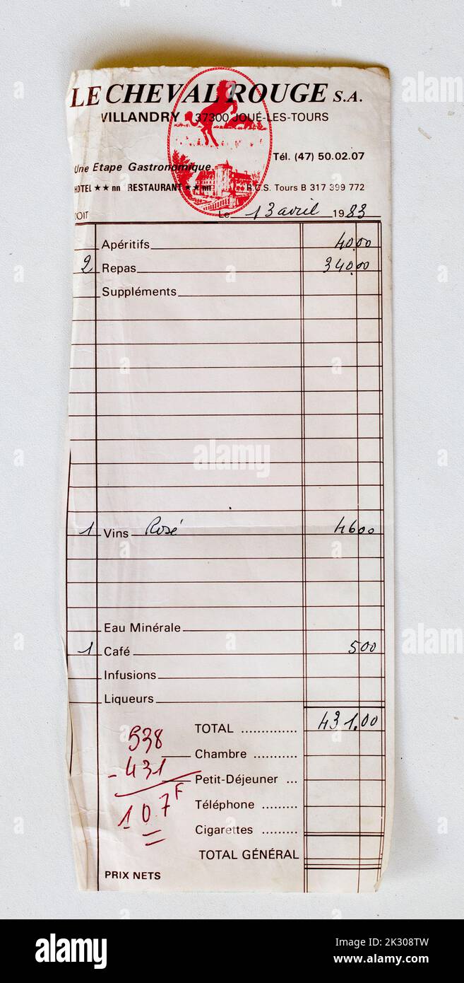 Ristorante francese Bill Invoice degli anni '1980 - le Cheval Rouge Villandry France Foto Stock