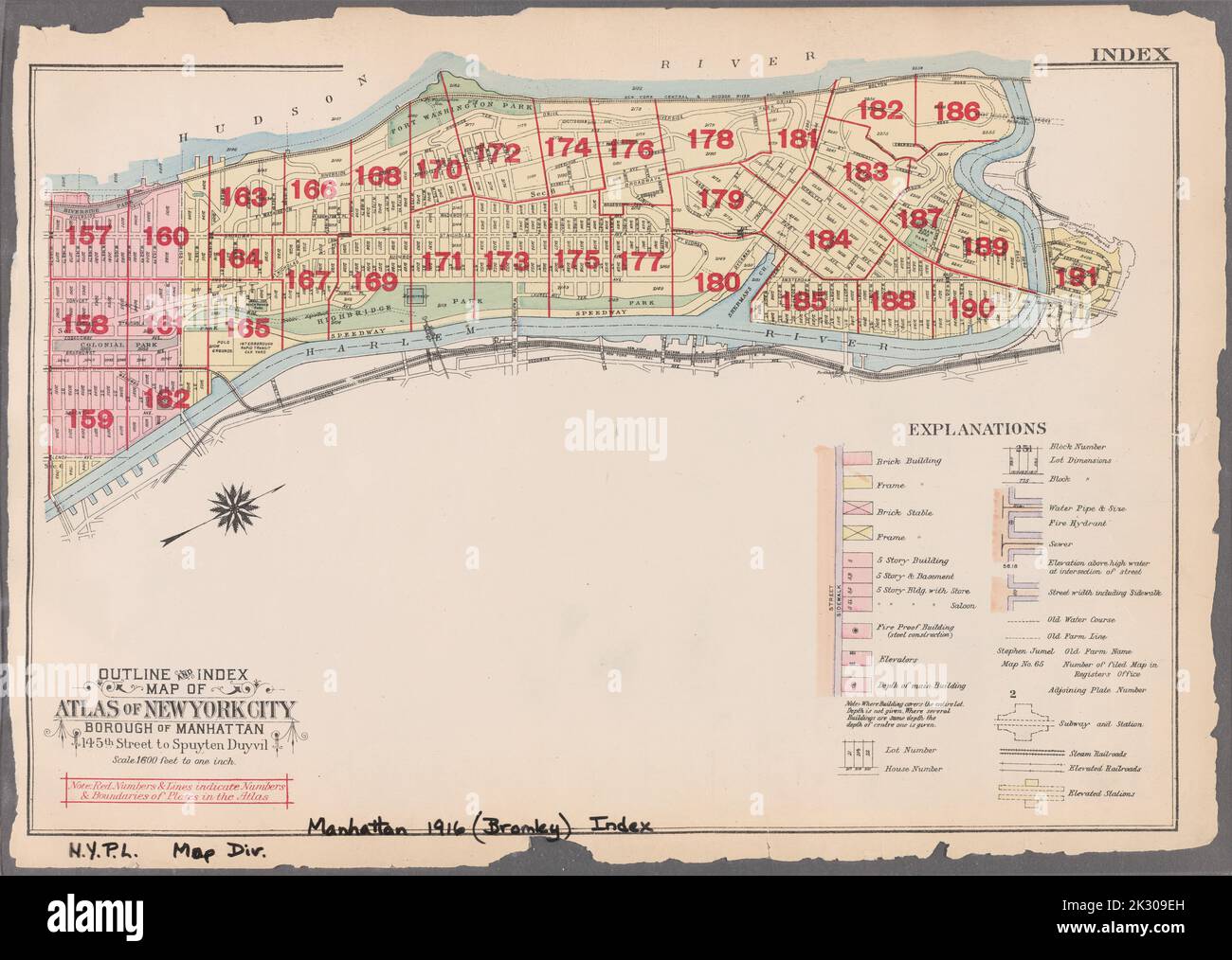Cartografica, Mappe. 1916. Lionel Pincus e la Principessa Firyal Map Division. Atlases, Manhattan (New York, N.Y.), Real Property , New York (state) , New York Index: Borough of Manhattan, 145th Street to Spuyten Duyvil Outline and Index Map of Atlas of New York City Foto Stock