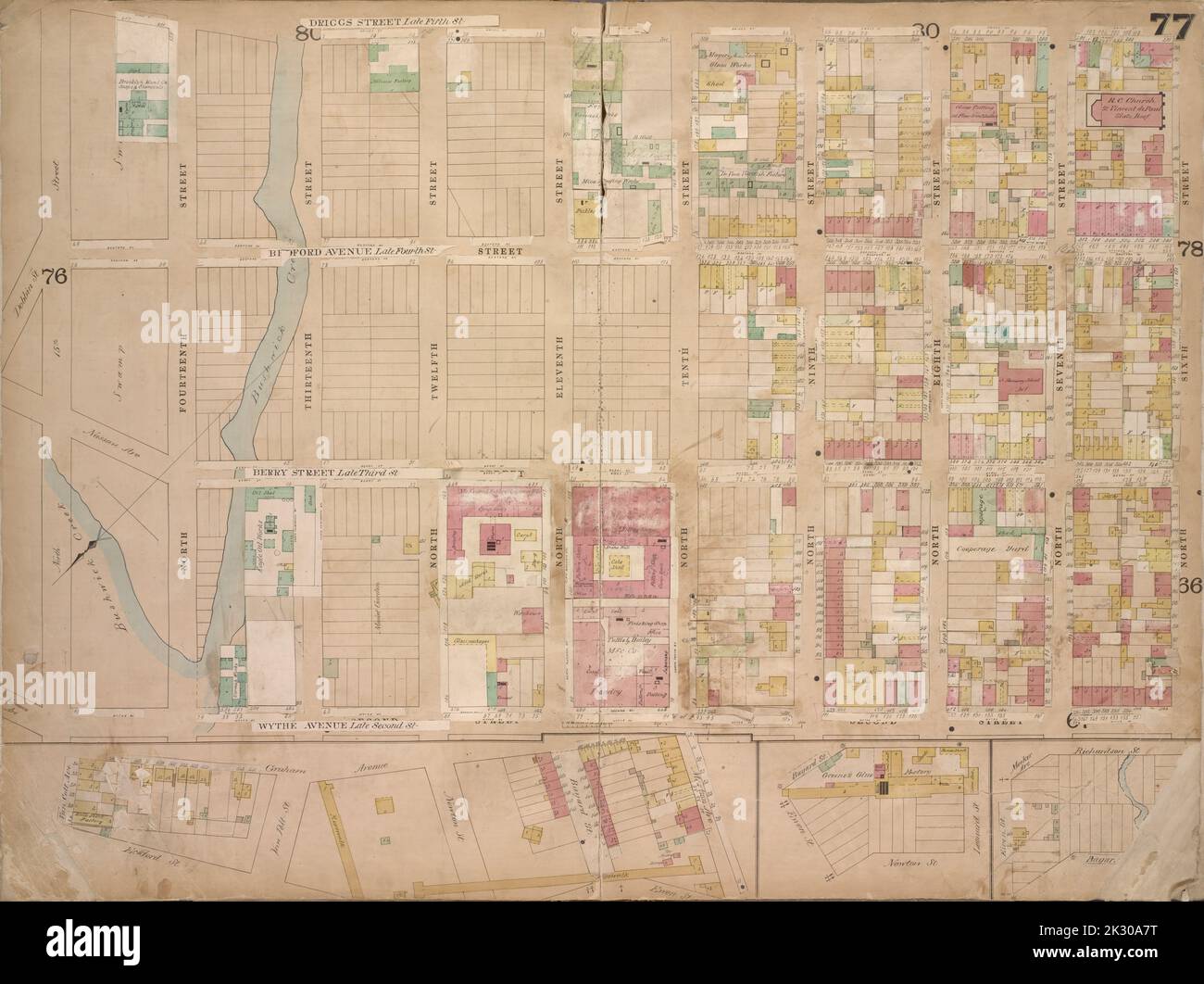 Cartografica, Mappe. 1868. Lionel Pincus e la Principessa Firyal Map Division. Brooklyn (New York, N.Y.), assicurazione antincendio , New York (state) , New York Brooklyn, Vol. 4, Double Page Plate No. 77; Mappa delimitata da Driggs St. Late 5th St., North 6th St., 7th St., 8th St., 9th St., 10th St., 11th St., 12th St., 13th St., 14th St., 15th St., Wythe Ave., fine 2nd St., inclusi Eckford St., Van Cott Ave., Van Pelt St., Graham Ave., Newton St., Ewen St., Bayard St., Leonard St., Meeker Ave., Richardson Street, Ewen Street Foto Stock