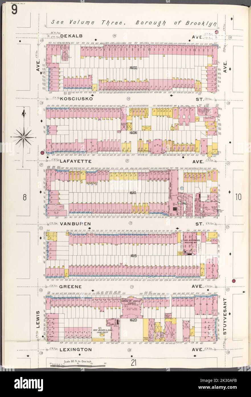 Cartografica, Mappe. 1884 - 1936. Lionel Pincus e la Principessa Firyal Map Division. Assicurazione antincendio , New York (stato), Real Property , New York (stato), Cities & Cities , New York (stato) Brooklyn V. 5, Plate No. 9 Mappa delimitata da Dekalb Ave., Stuyvesant Ave., Lexington Ave., Lewis Ave. Foto Stock