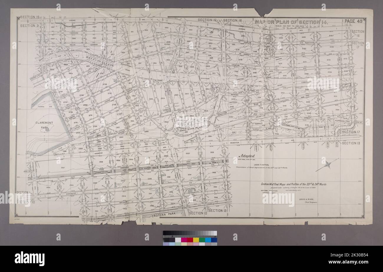 New York (N.Y.). Ufficio topografico. Cartografica, Mappe. 1892 - 1895. Lionel Pincus e la Principessa Firyal Map Division. Bronx (New York, N.Y.) Mappa o piano della Sezione 14. Delimitato da E. 173rd Street, Washington Avenue, Wendover Avenue, Clay i Avenue, Belmont Street, Jerome Avenue, E. 184th Street, Webster Avenue, E. 179th Street e Third Avenue. Sezione 14 di Mappe e profili finali, delle Ward 23rd e 24th. Foto Stock