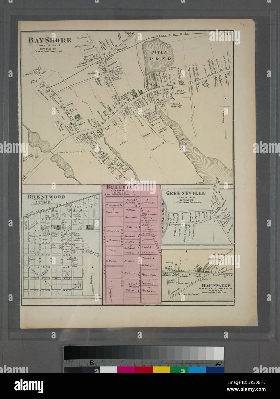 Cartografica, Mappe. 1873. Lionel Pincus e la Principessa Firyal Map Division. Long Island (N.Y.) , Descrizione e viaggio Bayshore, Città di Islip, Suffolk Co. - Brentwood, Città di Islip, Suffolk Co. - Boemia, Città di Islip, Suffolk Co. - Greenville, Città di Islip, Suffolk Co. - Happauge, Città di Smithtown & Islip, Suffolk Co... Foto Stock