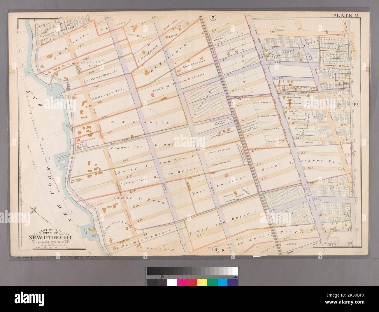 F. Bourquin & Co.. Cartografica, Mappe. 1890. Lionel Pincus e la Principessa Firyal Map Division. Brooklyn (New York, N.Y.), Real Property , New York (state) , New York Plate 8: Bounded by Mackay Place, Narrows Avenue, 71st Street, First Avenue, 72nd Street, Second Avenue, 73rd Street, Third Avenue, 74th Street, Fourth Avenue, 75th Street, Stewart Avenue, 89th Street, Third Avenue, 87th Street, First Avenue, 86th Street, Narrows Avenue, 85th Street e Shore Road. Parte della città di New Utrecht, Kings Co., N.Y. Foto Stock