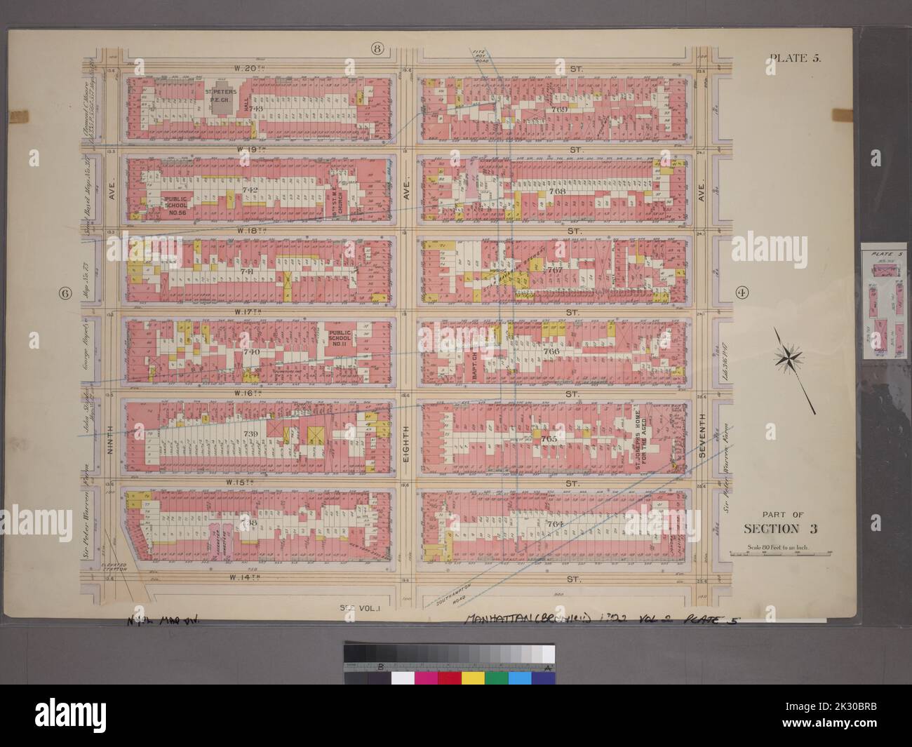 Cartografica, Mappe. 1899. Lionel Pincus e la Principessa Firyal Map Division. Manhattan (New York, N.Y.), Real Property , New York (state) , New York Plate 5, parte della Sezione 3: Delimitata da W. 20th Street, Seventh Avenue, W. 14th Street e Ninth Avenue Foto Stock