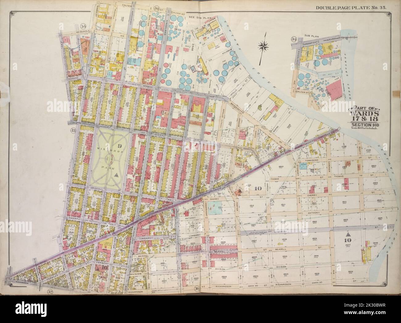 E.B. Hyde & Co.. Cartografica, Mappe. 1916. Lionel Pincus e la Principessa Firyal Map Division. Brooklyn (New York, N.Y.), Real Property , New York (state) , New York Brooklyn, Vol. 1, 2nd Part, Double Page Plate No. 35; Part of Wards 17 & 18, Section 9-10; Map Bounded by Calyer St., Newtown Creek, Richardson St. (Amos St.), Manhattan Ave., Meeker Ave.; Tra cui Humboldt St., Nassau St., Jewel St., Meserole Ave., Humboldt St.; Mappa sottopianta delimitata da Greenpoint Ave., Newtown Creek, Wright St.; inclusi Calyer St., Kingsland Ave. Foto Stock