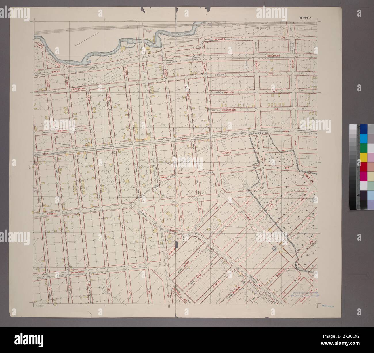 Cartografica, Mappe. 1905. Lionel Pincus e la Principessa Firyal Map Division. Bronx (New York, N.Y.) Foglio 2: Griglia n. 8000e - 12000e, n. 11000N - 19000N. Include Wakefield, Nereid Avenue fino alla E. 227th Street, Bronx River fino a Bronxwood Avenue. Griglia di progettazione dell'Ufficio dell'Ufficio topografico del Bronx. Foto Stock