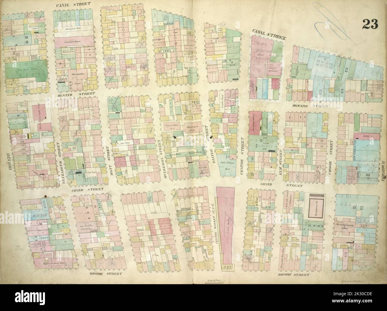 Cartografica, Mappe. 1857 - 1862. Lionel Pincus e Princess Firyal Map Division Plate 23: Mappa delimitata da Canal Street, Broadway, Broome Street, Bowery; inclusa Hester Street, Howard Street, Grand Street, Elizabeth Street, Mott Street, Mulberry Street, Baxter Street, Centre Market Place, Centre Street, Elm Street, Crosby Street Foto Stock