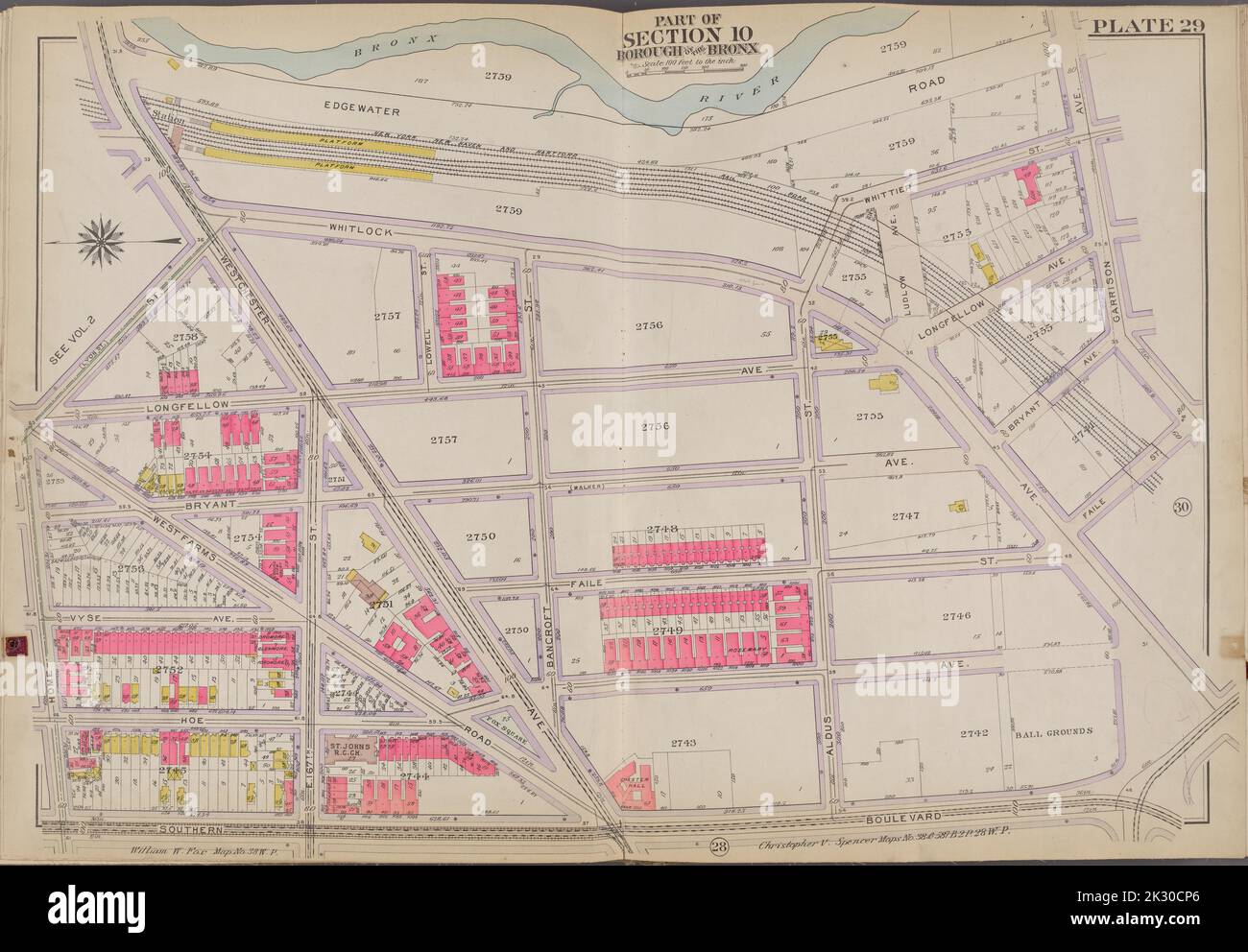 Cartografica, Mappe. 1911. Lionel Pincus e la Principessa Firyal Map Division. Bronx (New York, N.Y.), New York (N.Y.) Plate 29 Mappa delimitata dal fiume Bronx, Garrison Ave., Southern Blvd., Home St Foto Stock