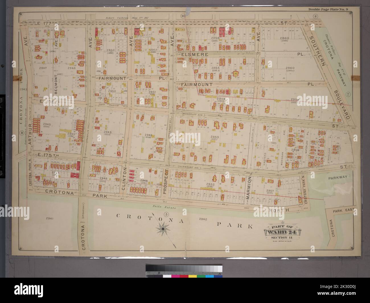 Cartografica, Mappe. 1901. Lionel Pincus e la Principessa Firyal Map Division. Bronx (New York, N.Y.), Real Property , New York (state) , New York Double Page Plate No. 9, Part of Ward 24, Section 11. Delimitato da E. 177th Street, Southern Boulevard, E. 175th Street, Crotona Park North e Arthur Avenue. Foto Stock
