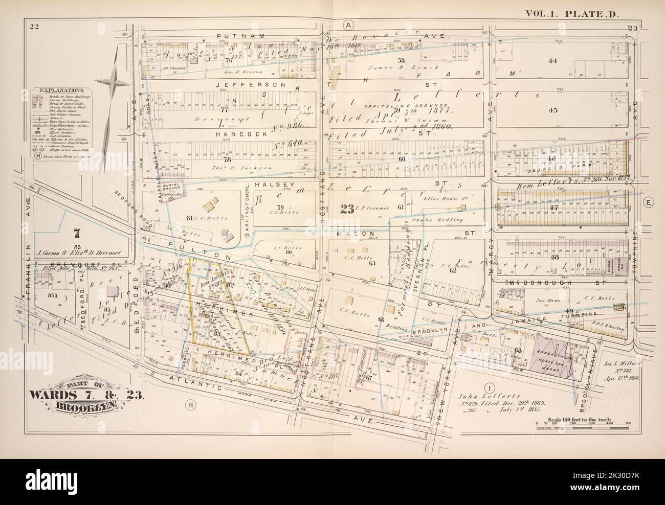 Cartografica, Mappe. 1880. Lionel Pincus e la Principessa Firyal Map Division. Brooklyn (New York, N.Y.), Real Property , New York (state) , New York Vol. 1. Plate, D. Mappa delimitata da Putnam Ave., Tompkins Ave., Brooklyn Ave., New York Ave., Atlantic Ave., Franklin Ave., Brevoort Pl., Bedford Ave.; inclusi Jefferson St., Hancock St., Halsey St., Fulton St., Macon St., Herkimer St., Herkimer Pl., MC Donough St., Bedford Pl., Perry Pl., Nostrand Ave., Vernon Pl., Marcy Ave. Foto Stock