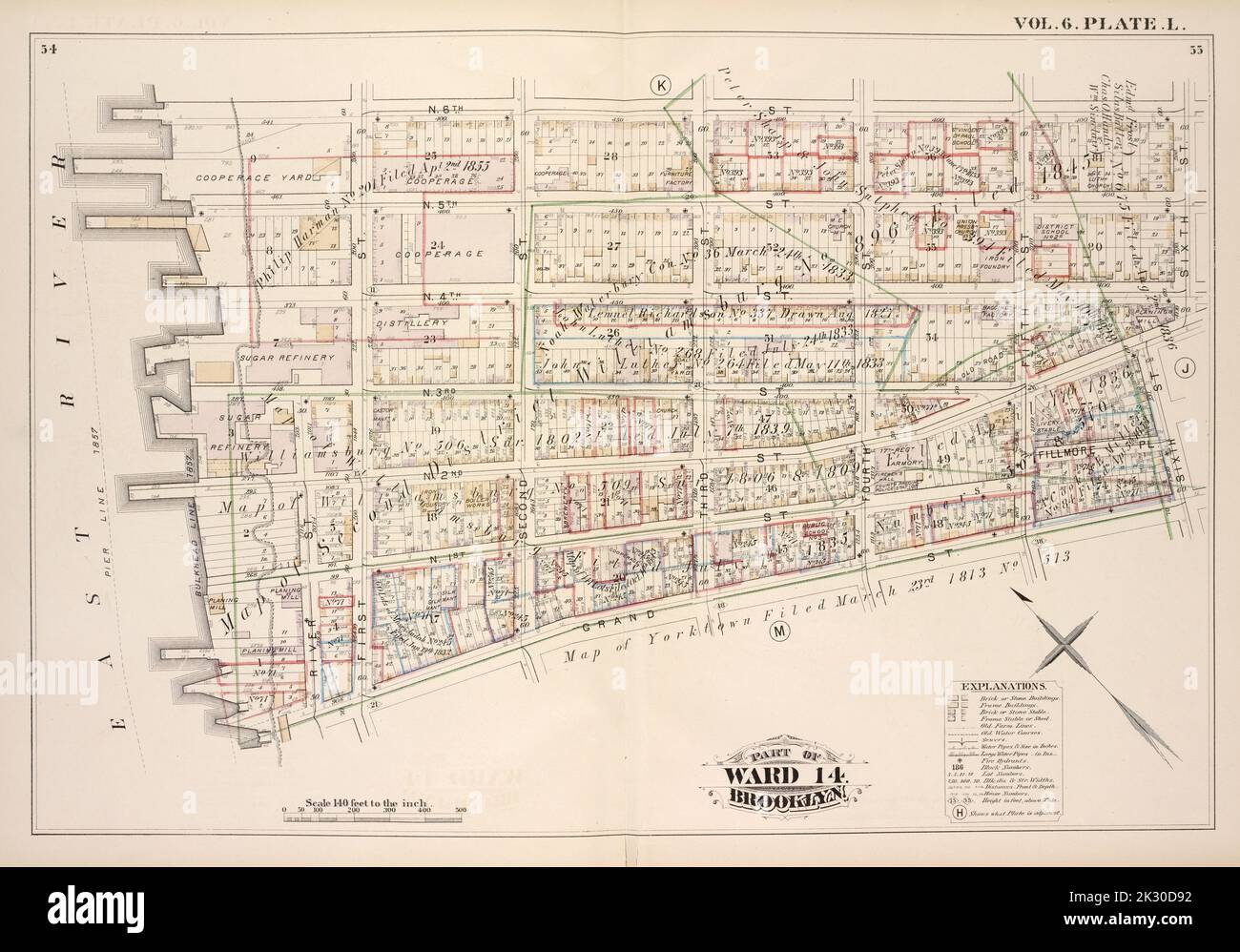 Cartografica, Mappe. 1880. Lionel Pincus e la Principessa Firyal Map Division. Brooklyn (New York, N.Y.), Real Property , New York (state) , New York Vol. 6. Plate, L. Mappa legata a N.6th St., Sixth St., Grand St., East River; incluso N.5th St., N.4th St., N.3rd St., N.2nd St., Fillmore Pl., N.1st St., First St., Second St., Third St., Fourth St., Fifth St Foto Stock