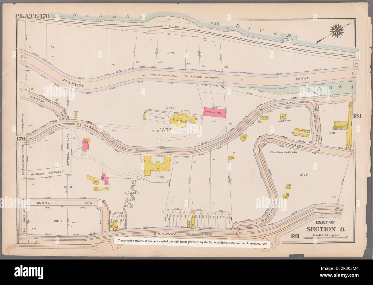 Cartografica, Mappe. 1916. Lionel Pincus e la Principessa Firyal Map Division. Atlas, Manhattan (New York, N.Y.), Real Property , New York (state) , New York Plate 178: Bounded by Riverside Drive (Hudson River), Corbin Place, ft. Washington Avenue, Broadway, W. 192nd Street, si affaccia su Terrace e Northern Avenue, parte della Sezione 8 Foto Stock