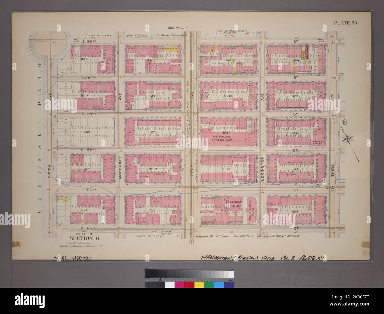 Cartografica, Mappe. 1898. Lionel Pincus e la Principessa Firyal Map Division. Manhattan (New York, N.Y.), Real Property , New York (state) , New York Plate 39, parte della Sezione 6: Delimitata da E. 110th Street, Third Avenue, E. 105th Street e Fifth Avenue Foto Stock