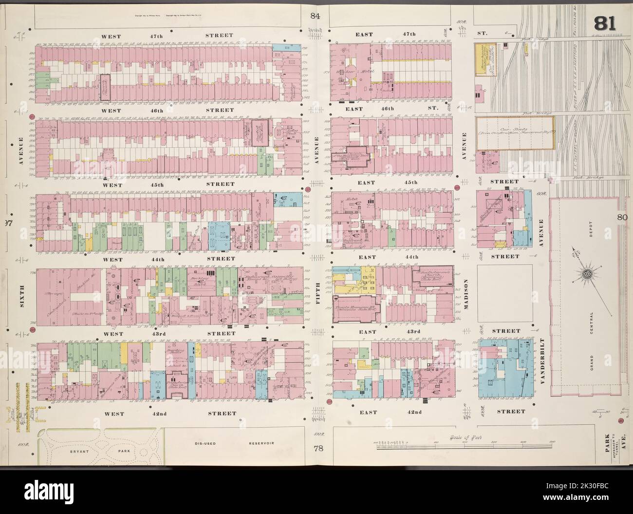 Cartografica, Mappe. 1899. Lionel Pincus e la Principessa Firyal Map Division. Assicurazione antincendio , New York (stato), Real Property , New York (stato), Cities & Cities , New York (stato) Manhattan, V. 4, Double Page Plate No. 81 Mappa delimitata da West 47th St., East 47th St., Vanderbilt Ave., East 42nd St., West 42nd St., 6th Ave. Foto Stock