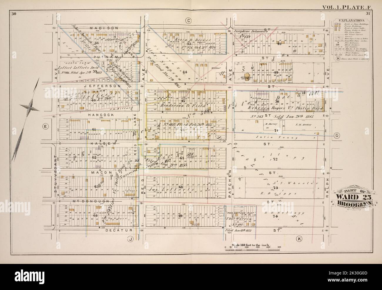 Cartografica, Mappe. 1880. Lionel Pincus e la Principessa Firyal Map Division. Brooklyn (New York, N.Y.), Real Property , New York (state) , New York Vol. 1. Plate, F. Mappa delimitata da Madison St., Ralph Ave., Decatur St., Stuyvesant Ave.; tra cui Putman St., Jefferson St., Hancock St., Halsey St., Macon St., Mc Donough St., Reid Ave., Patchen Ave. Foto Stock