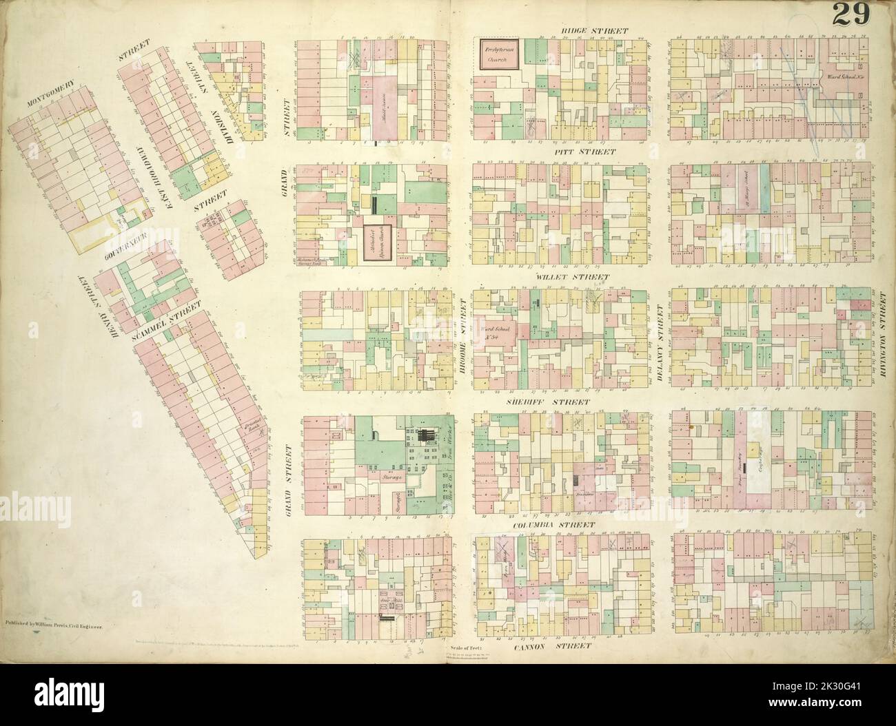 Cartografica, Mappe. 1857 - 1862. Lionel Pincus e Princess Firyal Map Division Plate 29: Mappa delimitata da Montgomery Street, Ridge Street, Rivington Street, Cannon Street, Henry Street; Tra cui Gouverneur Street, Pitt Street, Scammel Street, Willet Street, Sheriff Street, Columbia Street, East Broadway, Division Street, Grand Street, Broome Street, Via Delancy Foto Stock