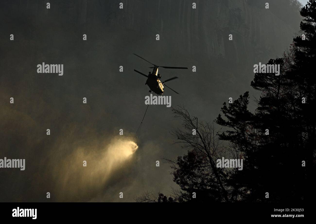 La Carolina del Sud esercito nazionale Guard CH-47 Chinook pesanti carichi di sollevamento per elicotteri e un UH-60L Falco nero medio sollevamento elicottero utility da 59th aviazione il comando delle truppe e gli equipaggi supportano la Carolina del Sud commissione forestale per contenere un incendio remota nei pressi di Table Rock, Pickens County, South Carolina, nov. 20, 2016. (U.S. Esercito nazionale Guard photo by Staff Sgt. Roberto Di Giovine) Foto Stock