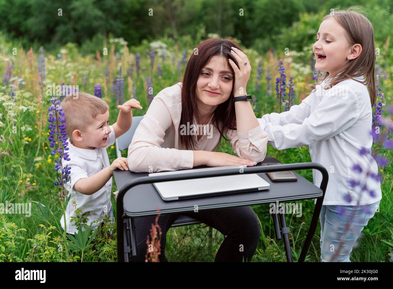 Bambini giocosi irritante madre seduta tra lupini fiori Foto Stock