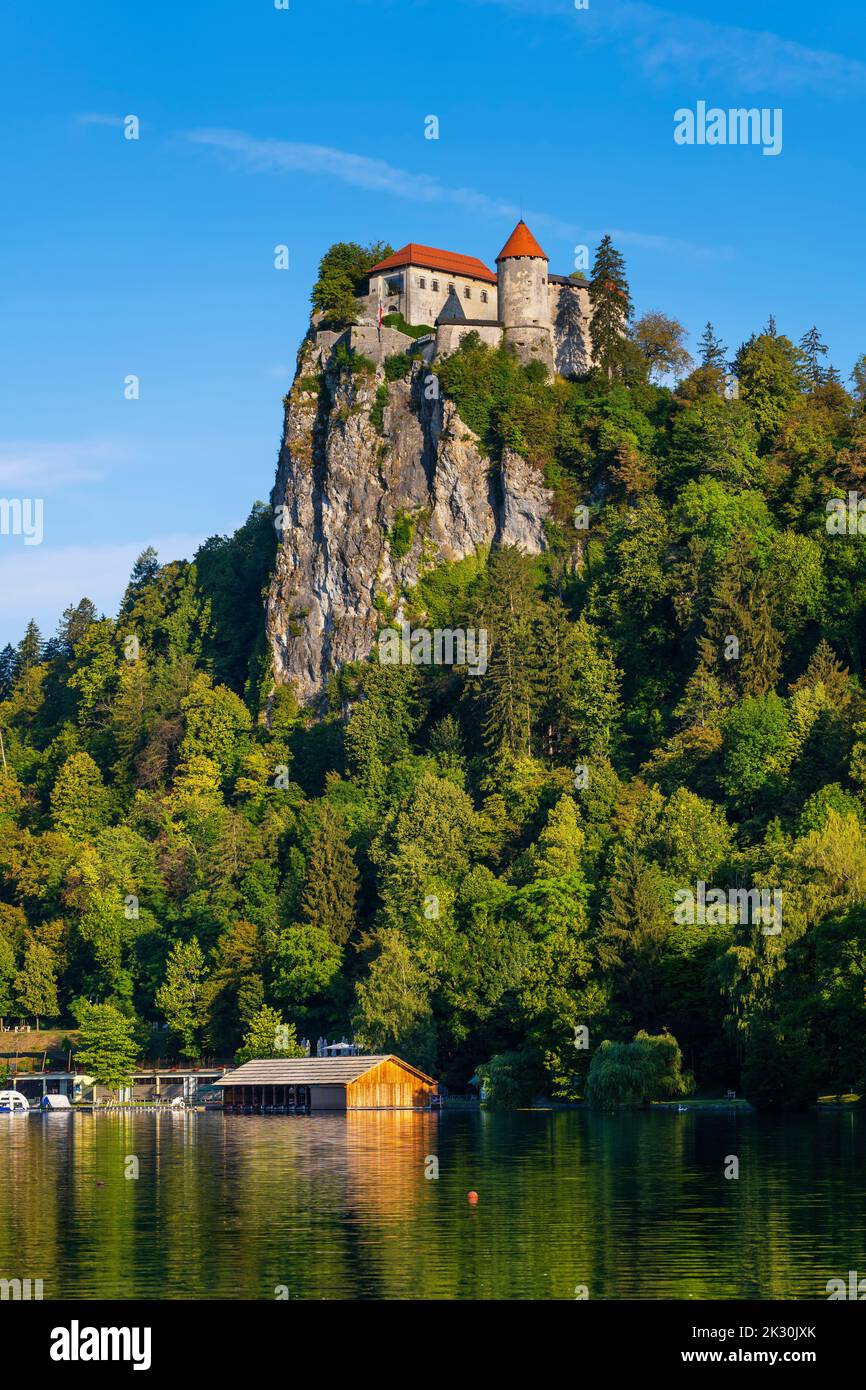 Slovenia, alta Carniola, Castello di Bled con vista sul lago di Bled Foto Stock