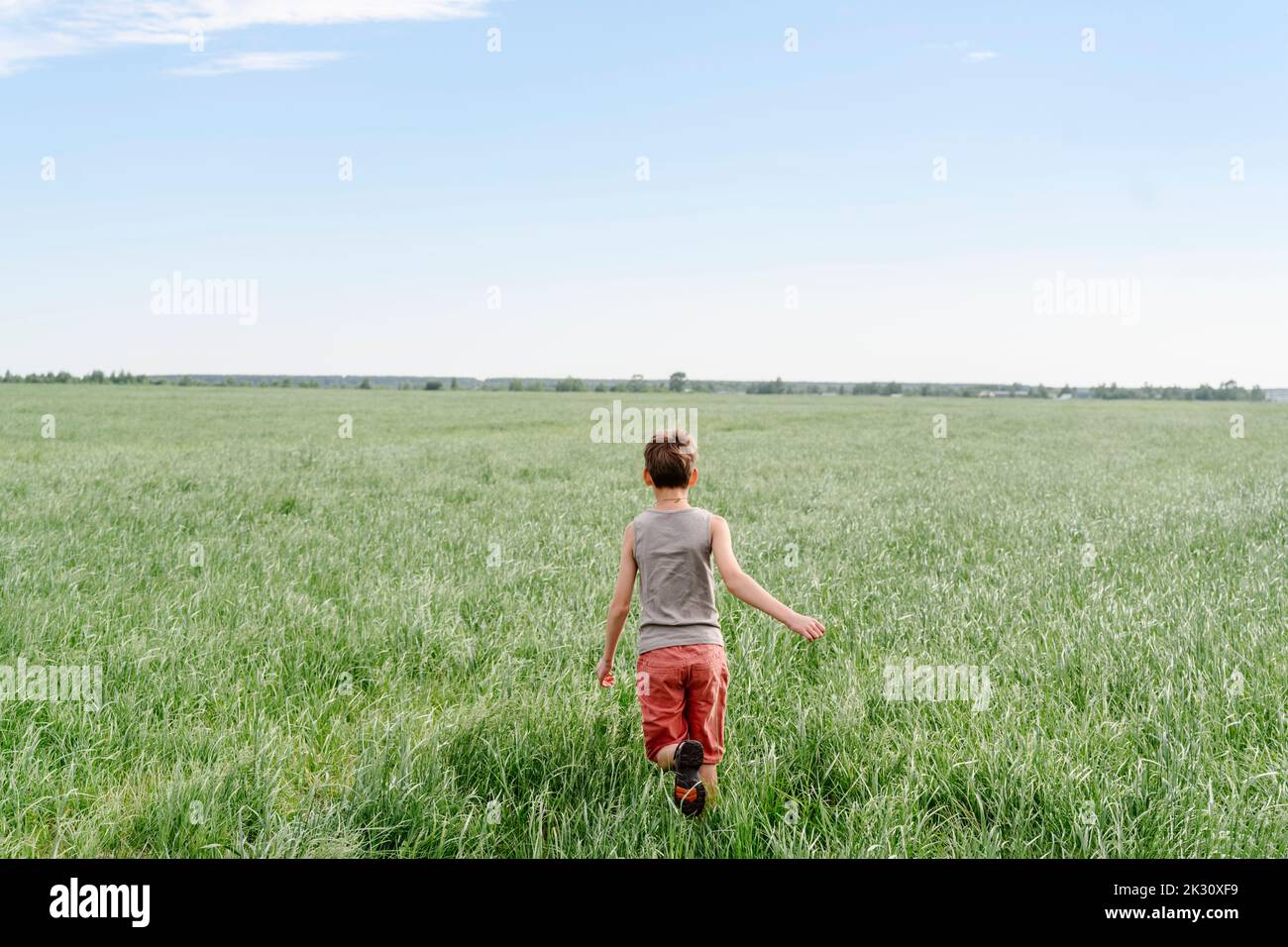 Ragazzo che corre su campo erboso dal cielo Foto Stock