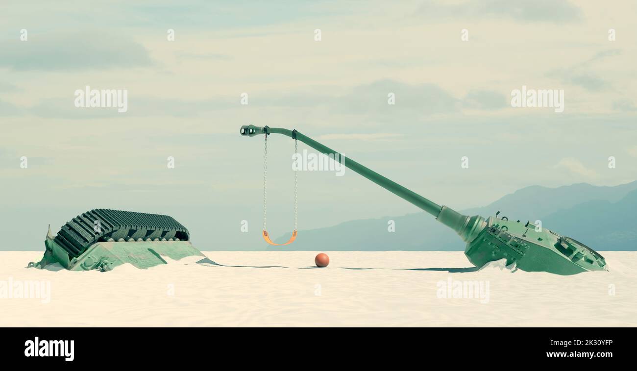 Immagine simbolica per la pace di un carro armato distrutto con un'oscillazione dei bambini contro il cielo blu Foto Stock