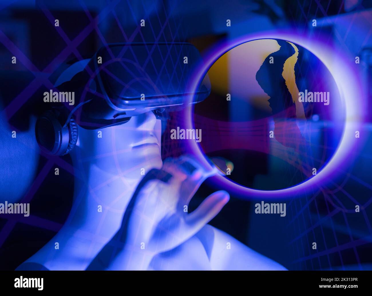 Immagine generata digitalmente del robot che indossa un simulatore di realtà virtuale che tocca la sfera Foto Stock