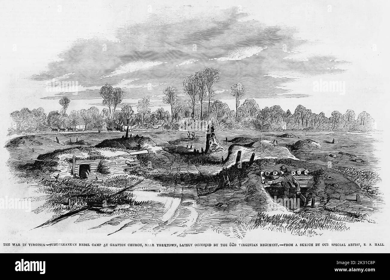 La guerra in Virginia - campo di Rebel sotterranei a Grafton Church, vicino Yorktown, ultimamente occupato dal reggimento Virginiano del 52nd. Maggio 1862. Illustrazione della guerra civile americana del 19th° secolo dal quotidiano illustrato di Frank Leslie Foto Stock