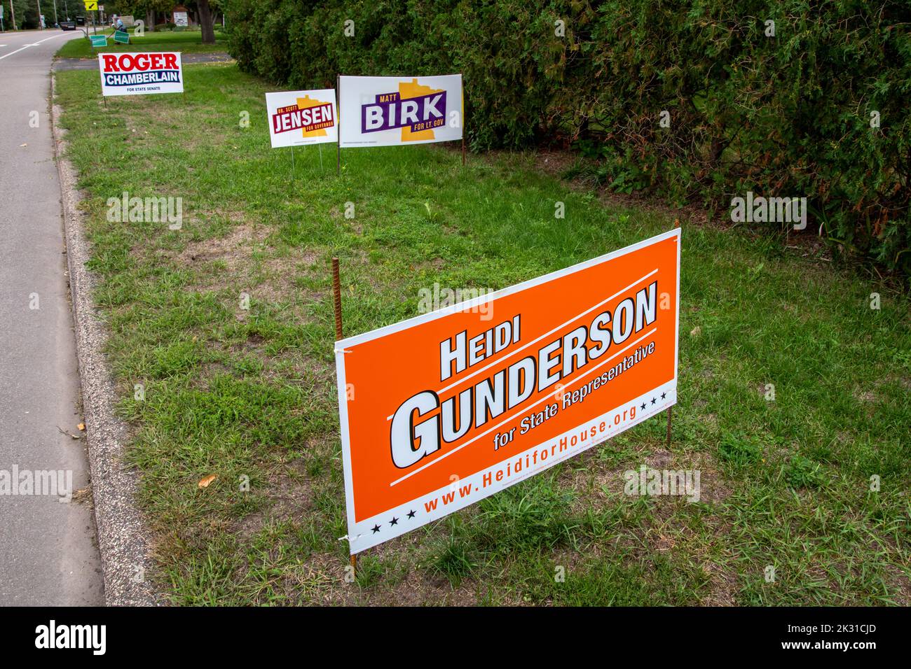 Vadnais Heights, Minnesota. Varietà di segni di campagna politica nel cortile dei proprietari di case per le elezioni di midterm. Foto Stock
