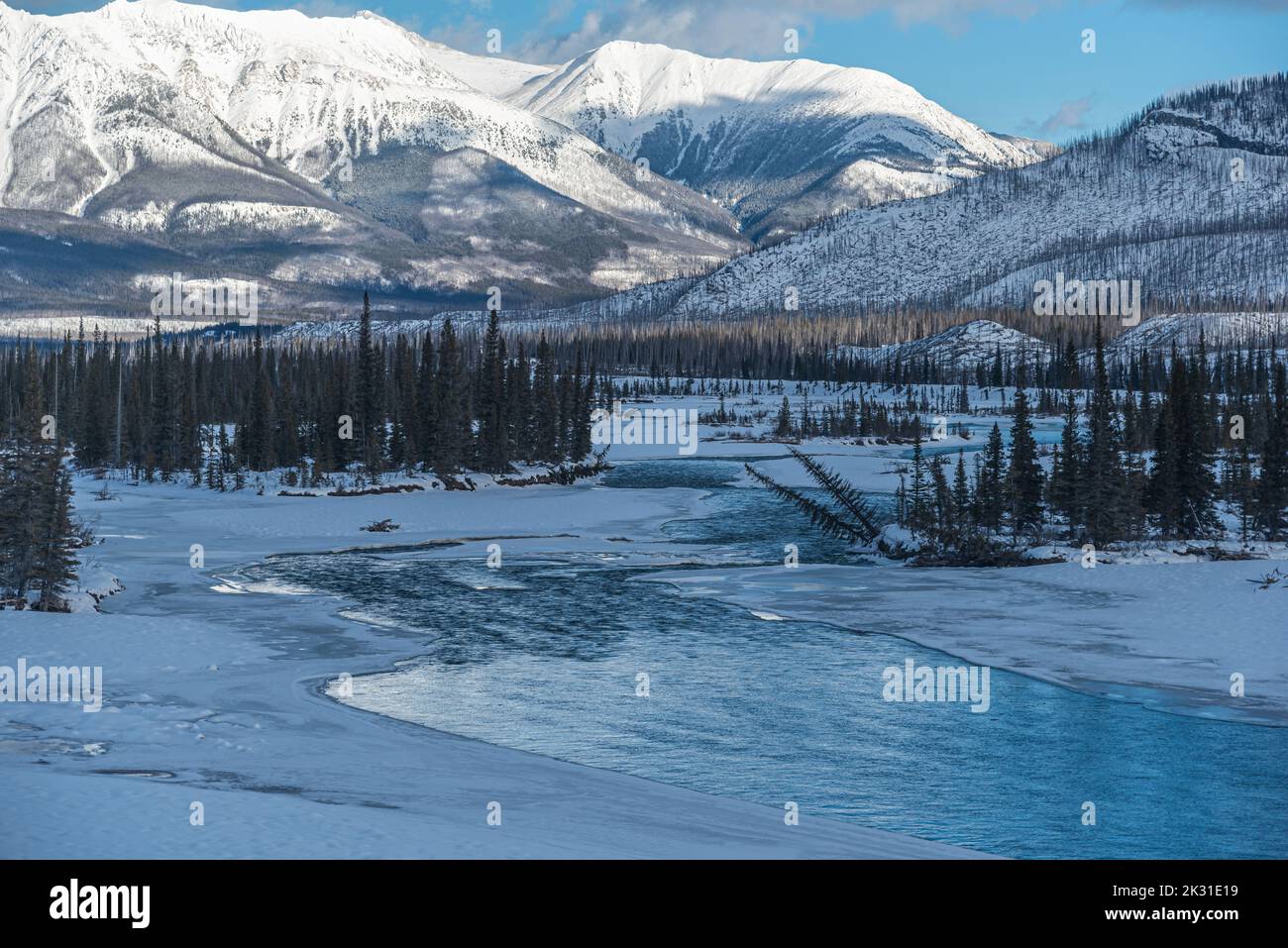 Vista del fiume North Saskatchewan nel Jasper Park lungo la Icefields Pkwy in inverno Foto Stock