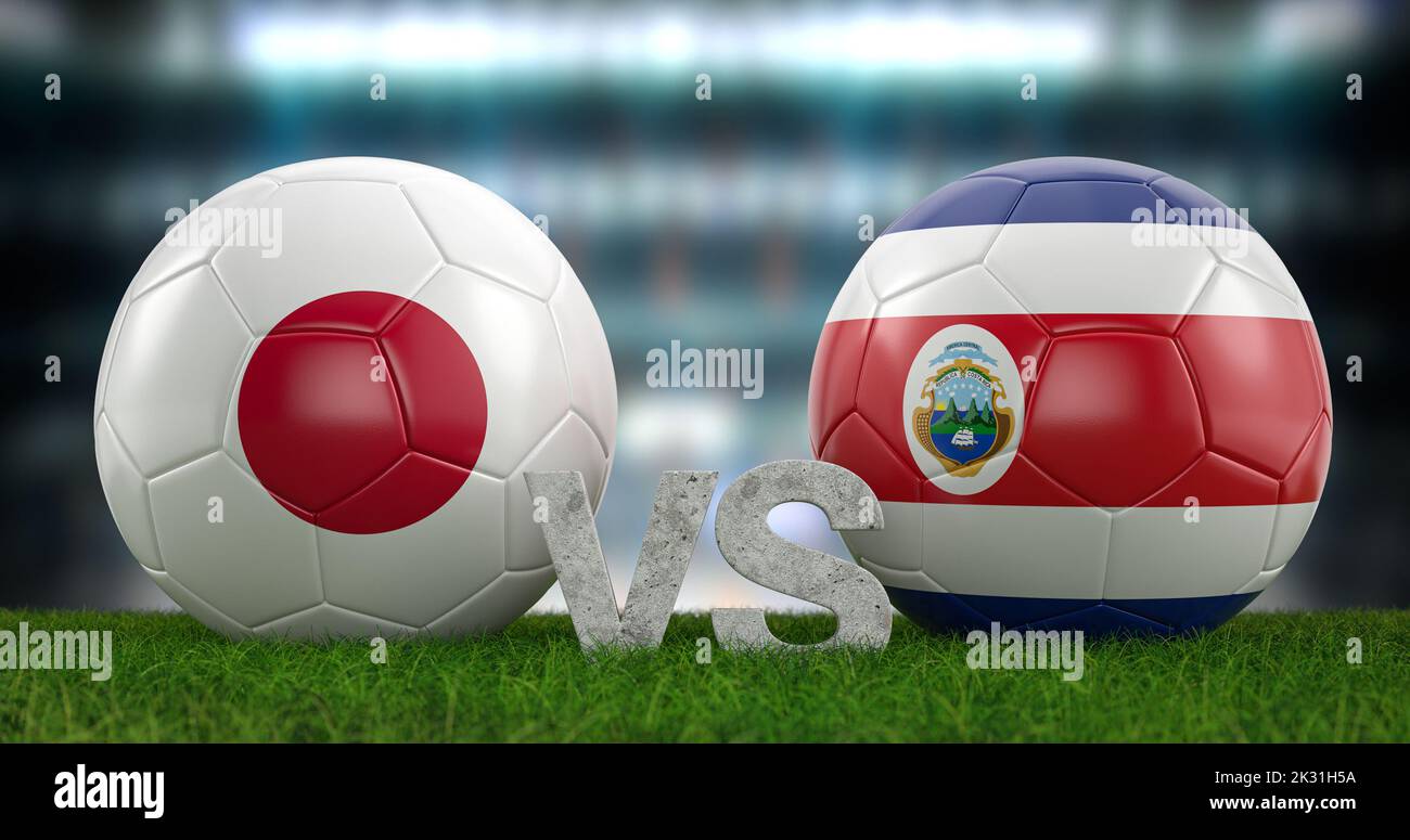 Qatar 2022 Coppa del mondo di calcio e Giappone vs Costa Rica. illustrazione 3d. Foto Stock