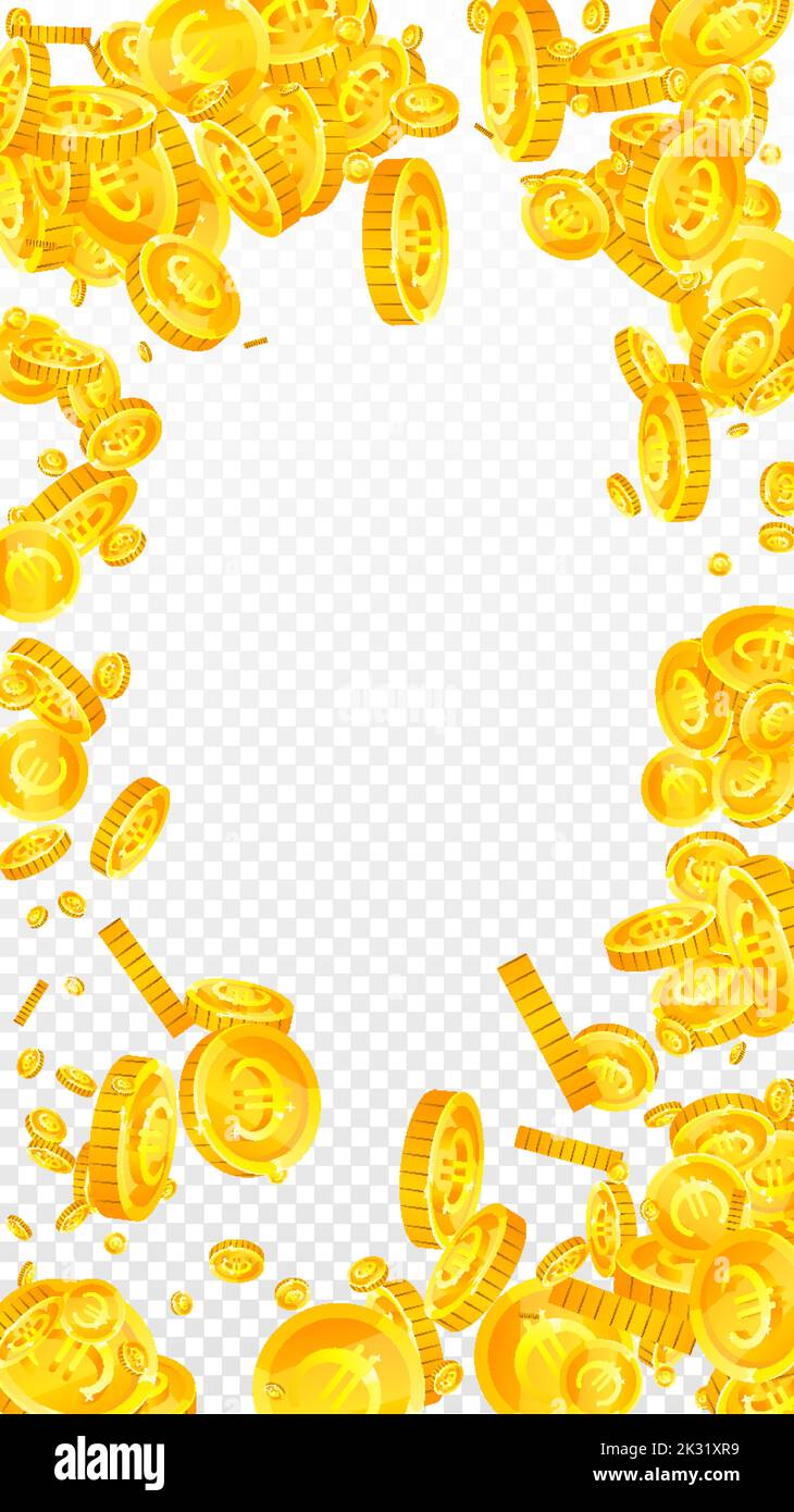 Diminuzione delle monete in euro dell'Unione europea. Monete d'oro euro sparse. Denaro europeo. Grande concetto di successo aziendale. Illustrazione vettoriale. Illustrazione Vettoriale