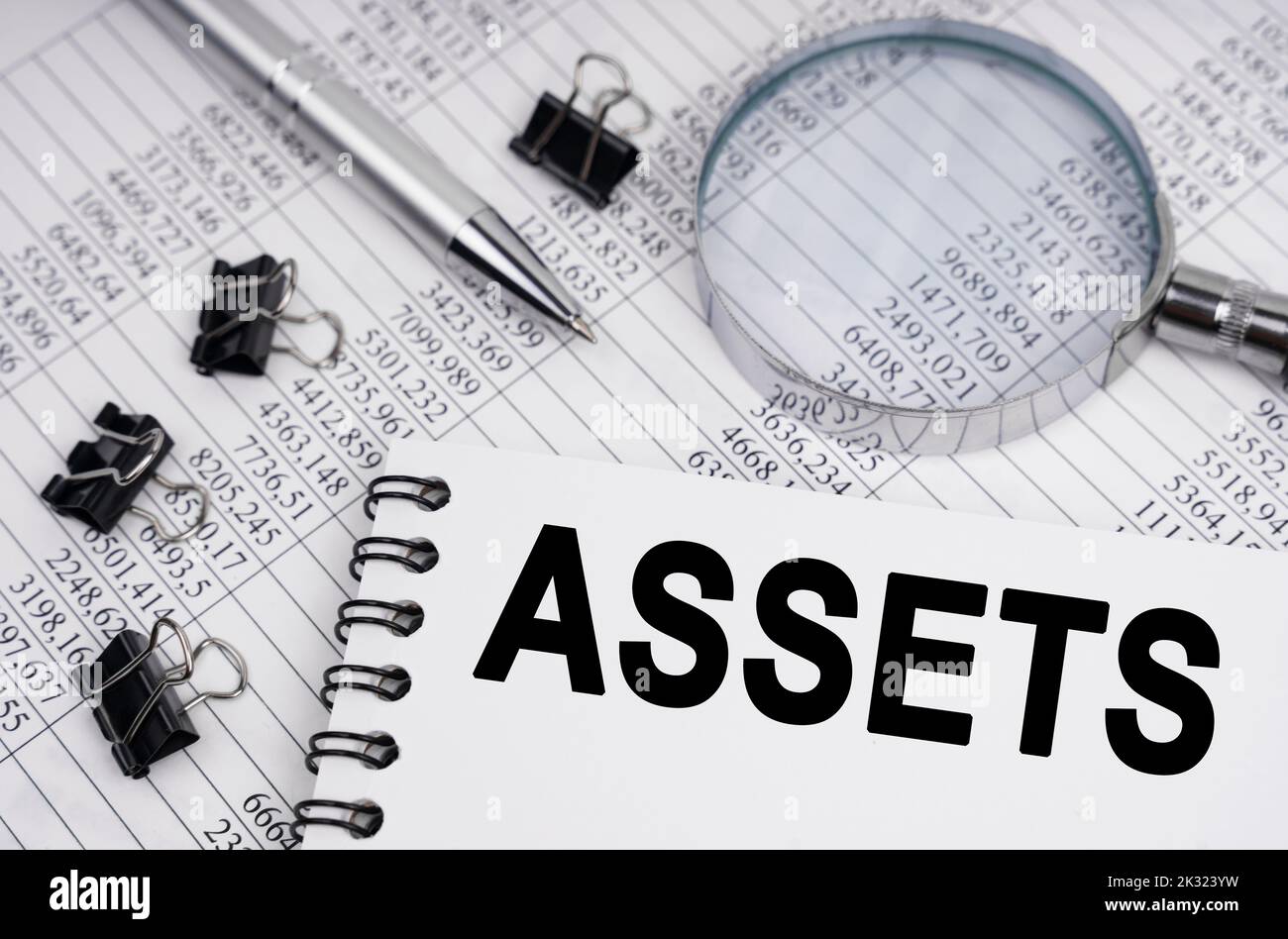 Concetto di economia e business. Sul tavolo c'è una lente d'ingrandimento, rapporti, una penna e un notebook con l'iscrizione - Foto Stock