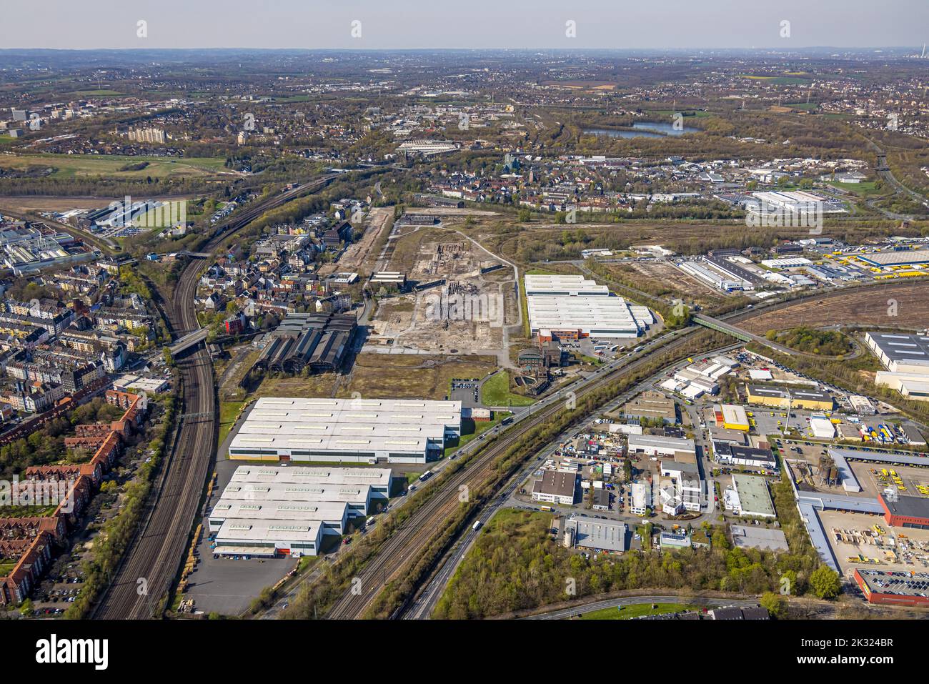 Veduta aerea, Smart Rhino URBAN. Progetto di sviluppo con ZukunftsCampus, Union Gewerbehof GmbH Industrial estate, Rheinische Straße, Dorstfelder Brück Foto Stock