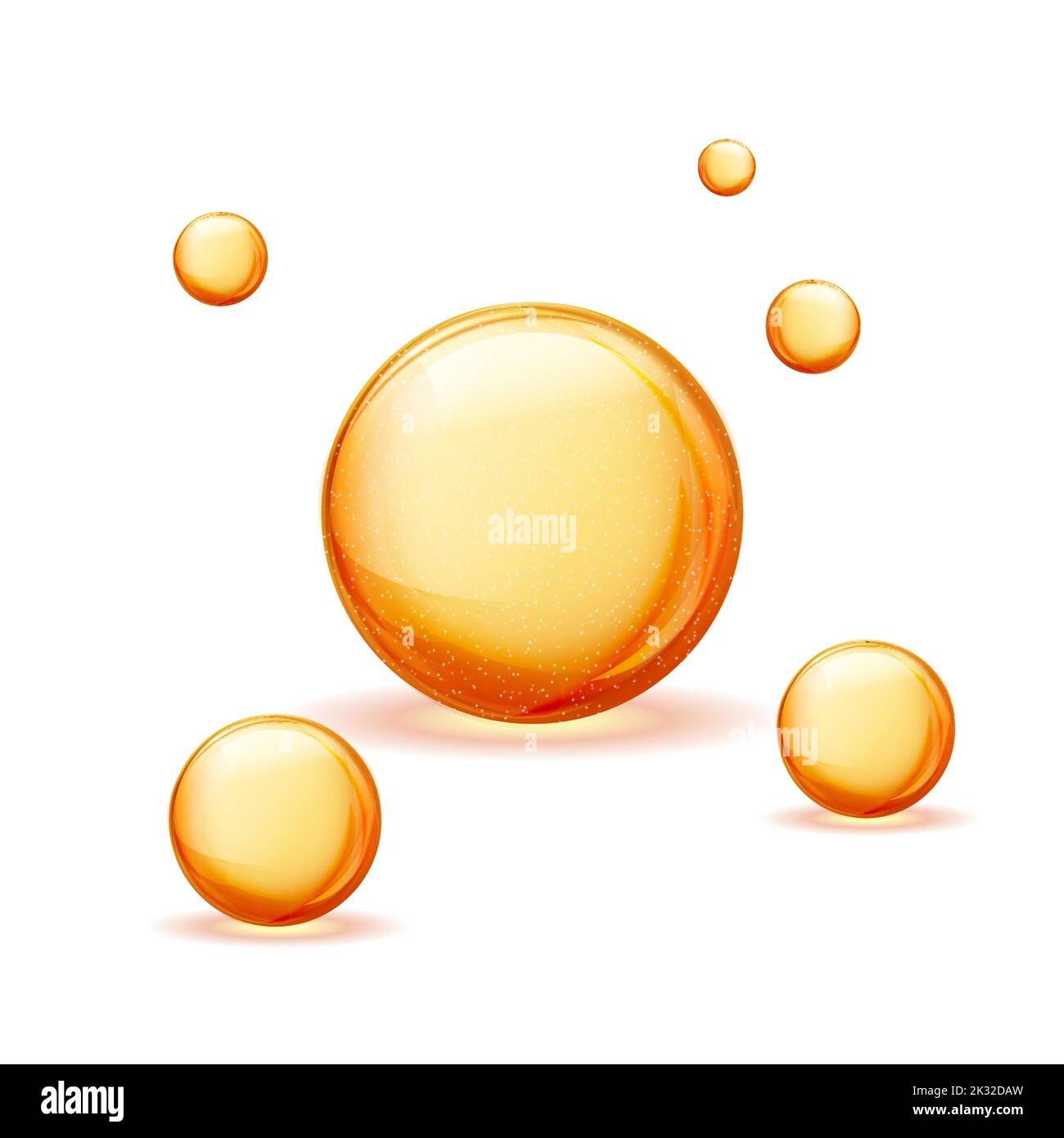 Vitamine oro 3D sfera olio essenza liquida pillola collagene vettore banner icona goccia. Illustrazione Vettoriale