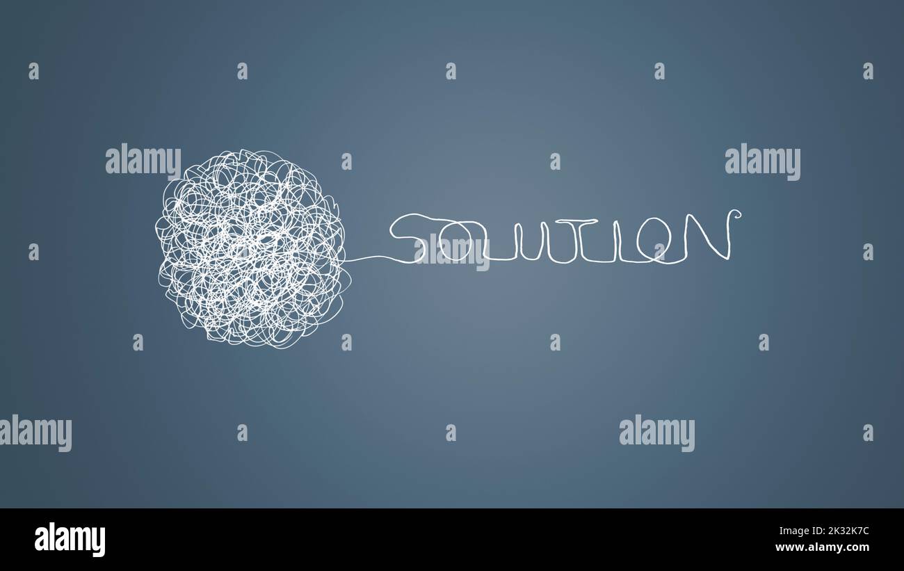 Caotico doodle sgroviglio e diventare la parola soluzione, la creatività e il concetto di problem solving Foto Stock