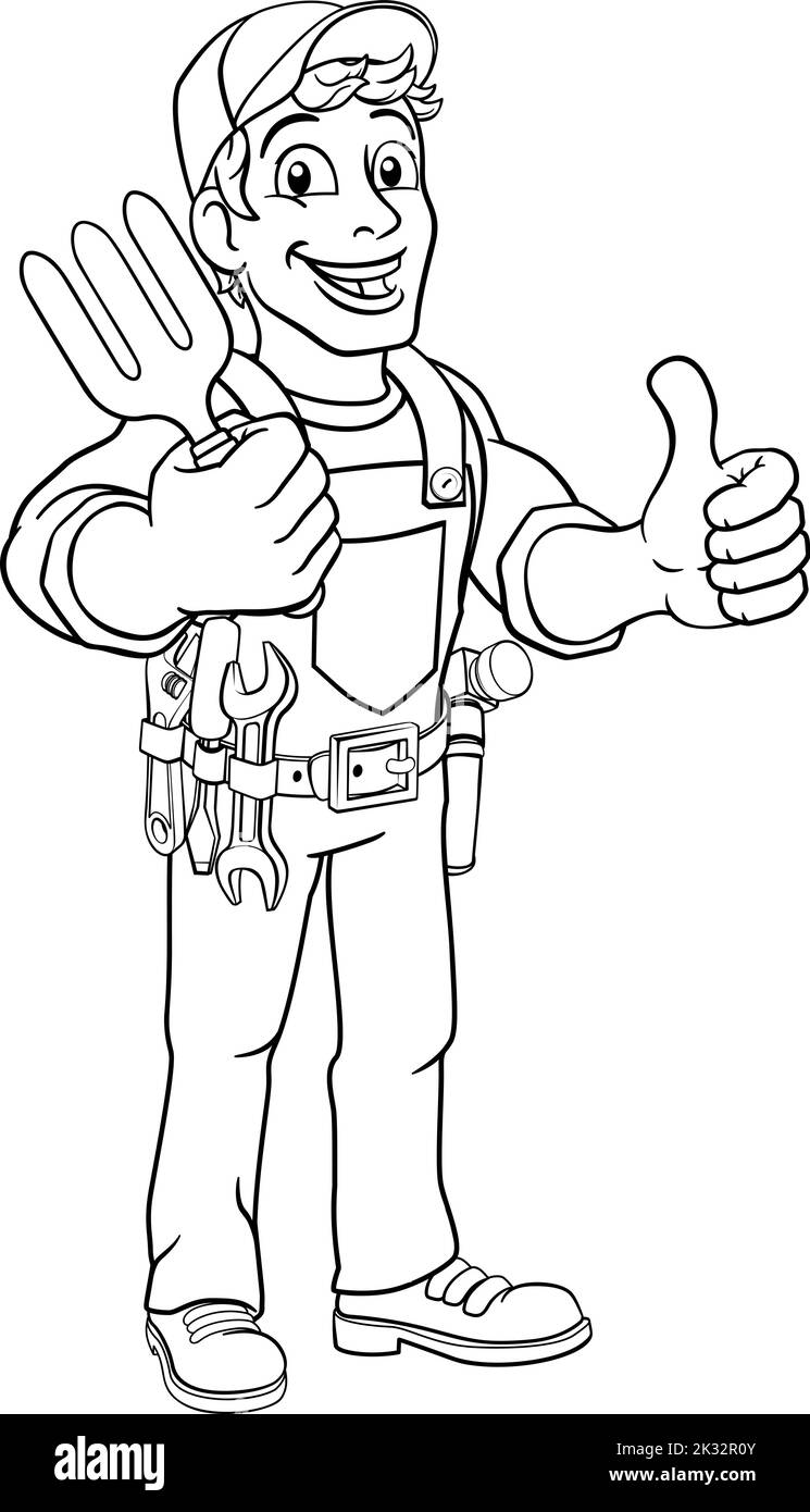 Giardiniere Giardino attrezzo forcella tuttofare Cartoon uomo Illustrazione Vettoriale