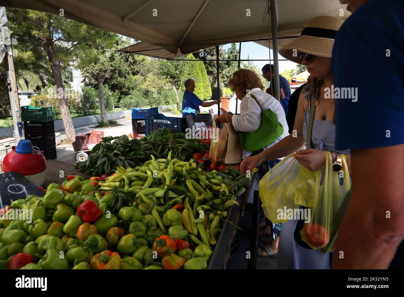 Persone Shopping al mercato di Sabato per frutta e verdura Vouliagmeni Atene Grecia Foto Stock
