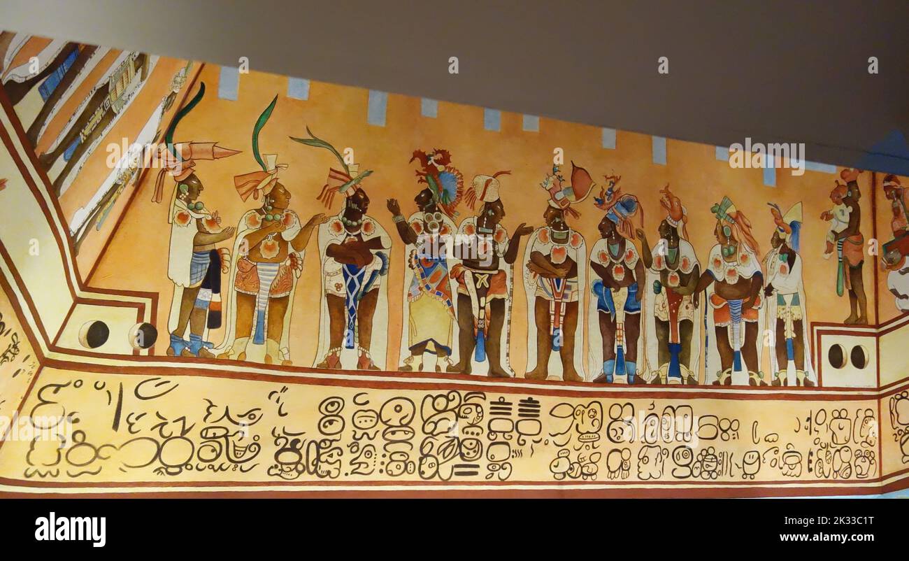 Repliche dei murales di Bonampak nel Museo di Monterrey. Bonampak Painting Reconstruction. Foto Stock