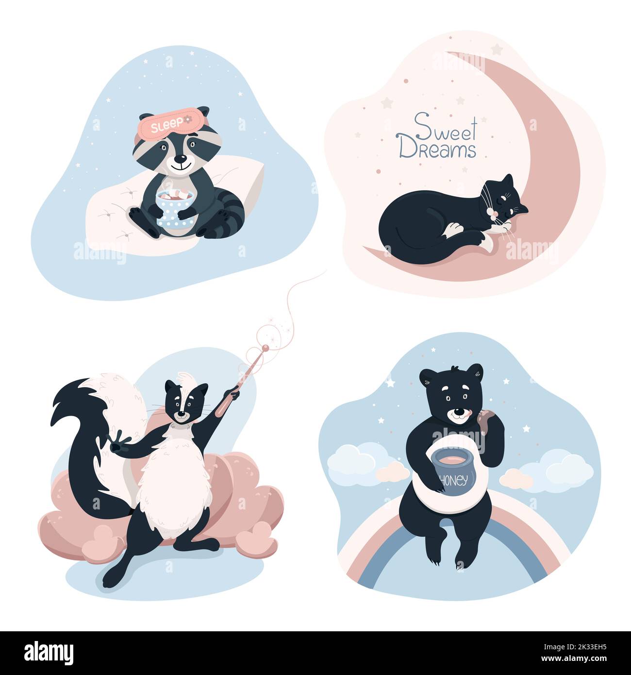 Set di animali carini, animali divertenti per i bambini poster, vettore illustrazione in stile piatto, cartone animato Illustrazione Vettoriale