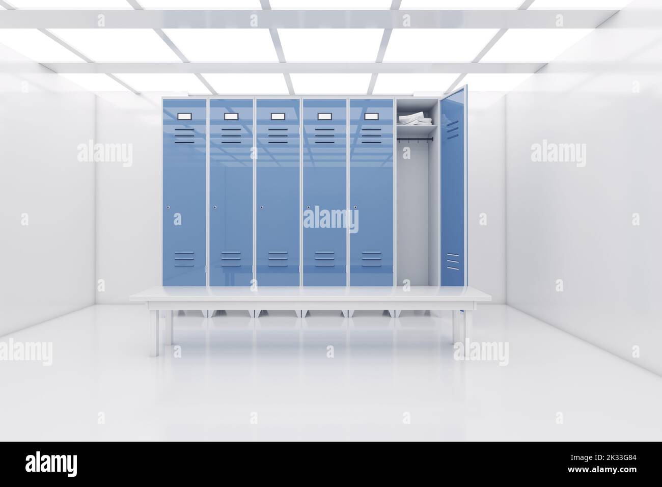 Armadietti in acciaio blu con panca in bianco illuminato astratto vuoto spazio aperto, corridoio o stanza interno estrema closeup. rendering 3D Foto Stock